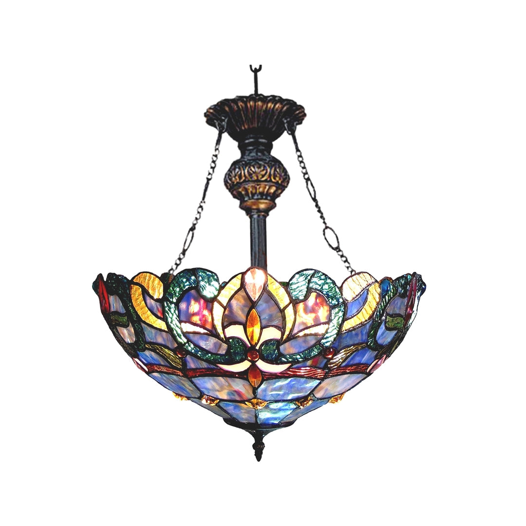 22" x 18" Victorian Stained Glass Inverted Ceiling Pendant – Blue & Gold