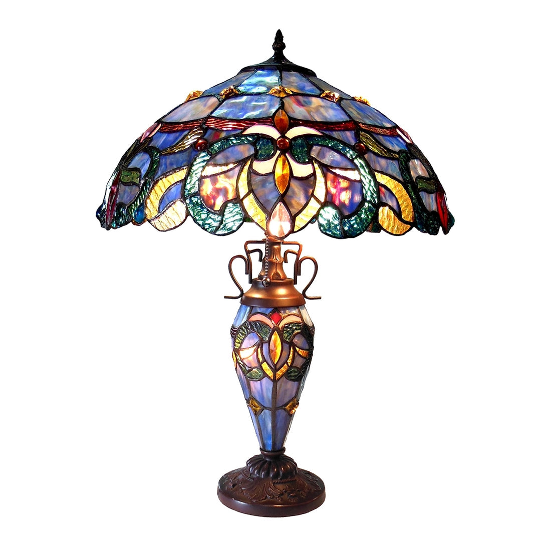 24.5" x 18" Victorian Double-Lit Stained Glass Table Lamp – Blue