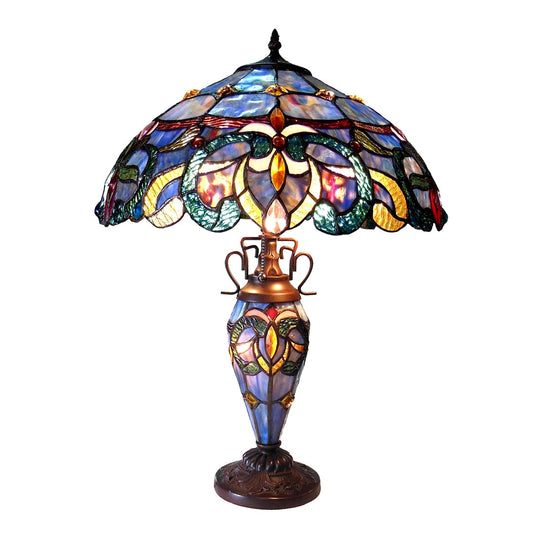 24.5" x 18" Victorian Double-Lit Stained Glass Table Lamp – Blue