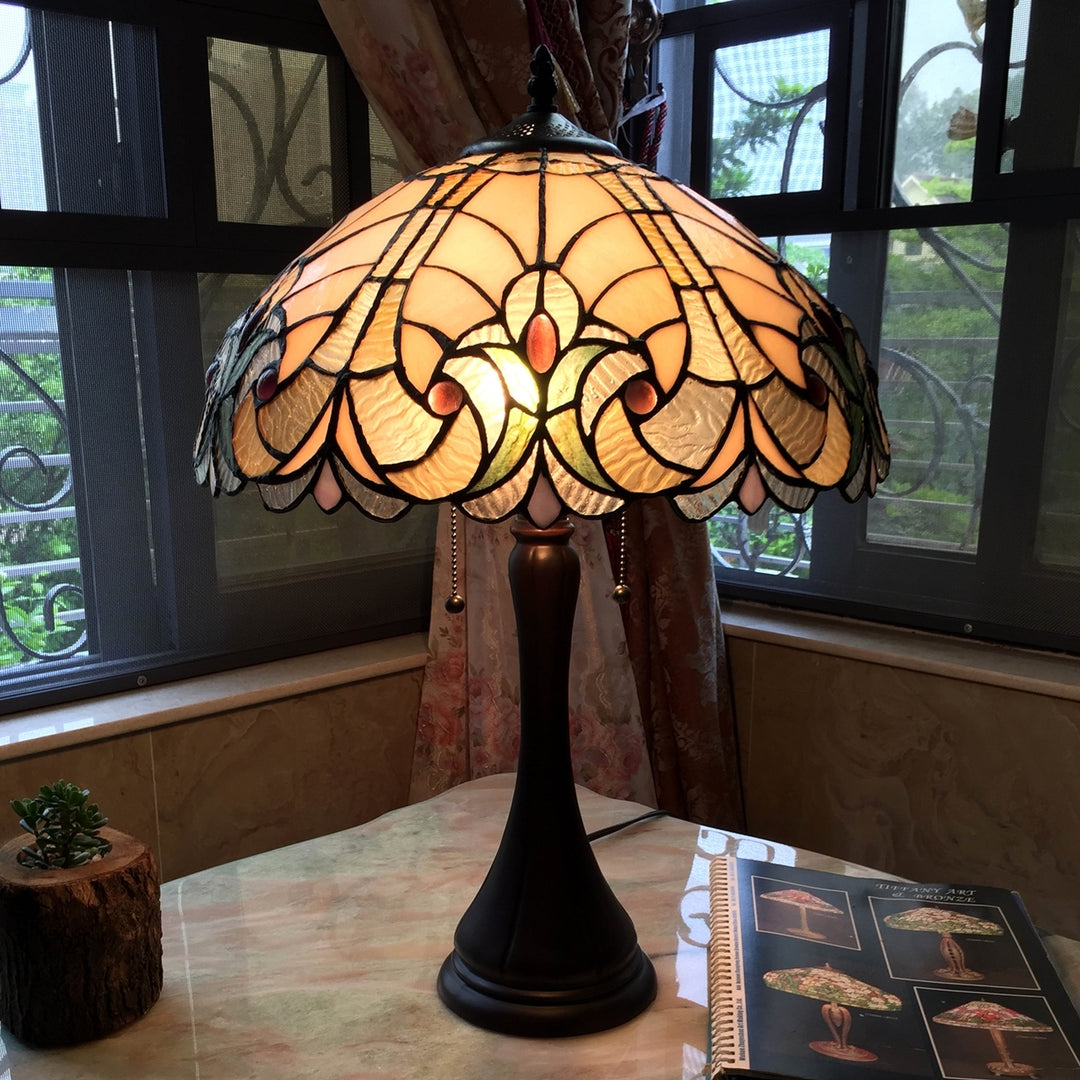 22" x 16" Cream & Amber Victorian Stained Glass Table Lamp