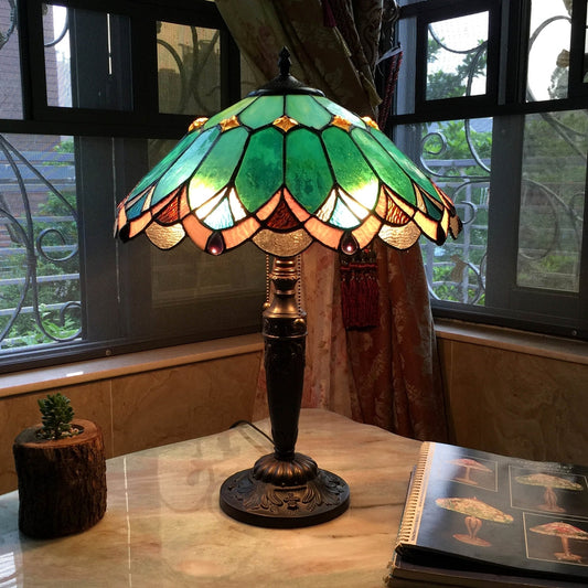 21" x 16" Green Victorian Stained Glass Table Lamp