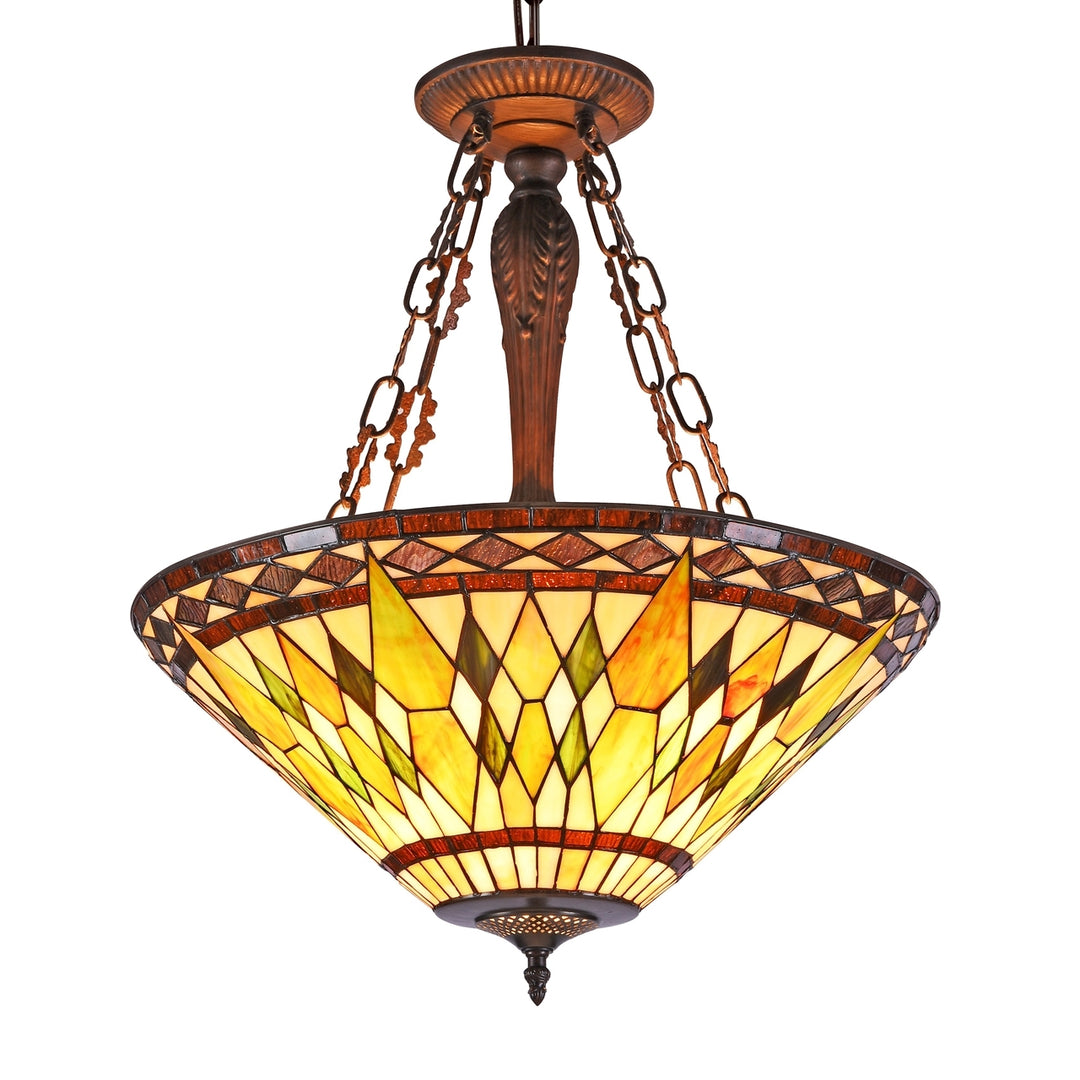24.32" x 20" Geometric Stained Glass 3-Light Inverted Pendant – Green & Brown