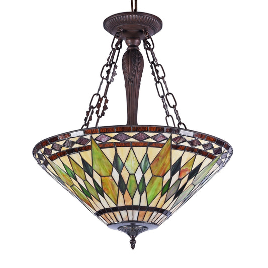 24.32" x 20" Geometric Stained Glass 3-Light Inverted Pendant – Green & Brown