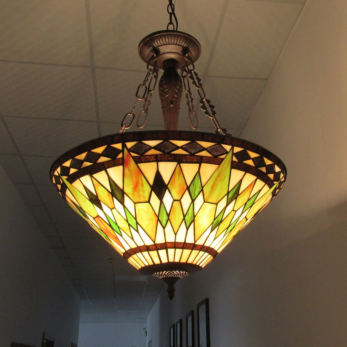 24.32" x 20" Geometric Stained Glass 3-Light Inverted Pendant – Green & Brown