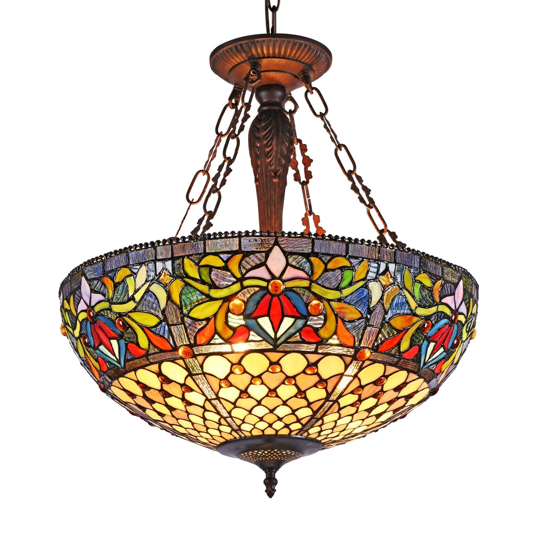 23.15" x 20.28" Victorian Floral Stained Glass 3-Light Inverted Pendant