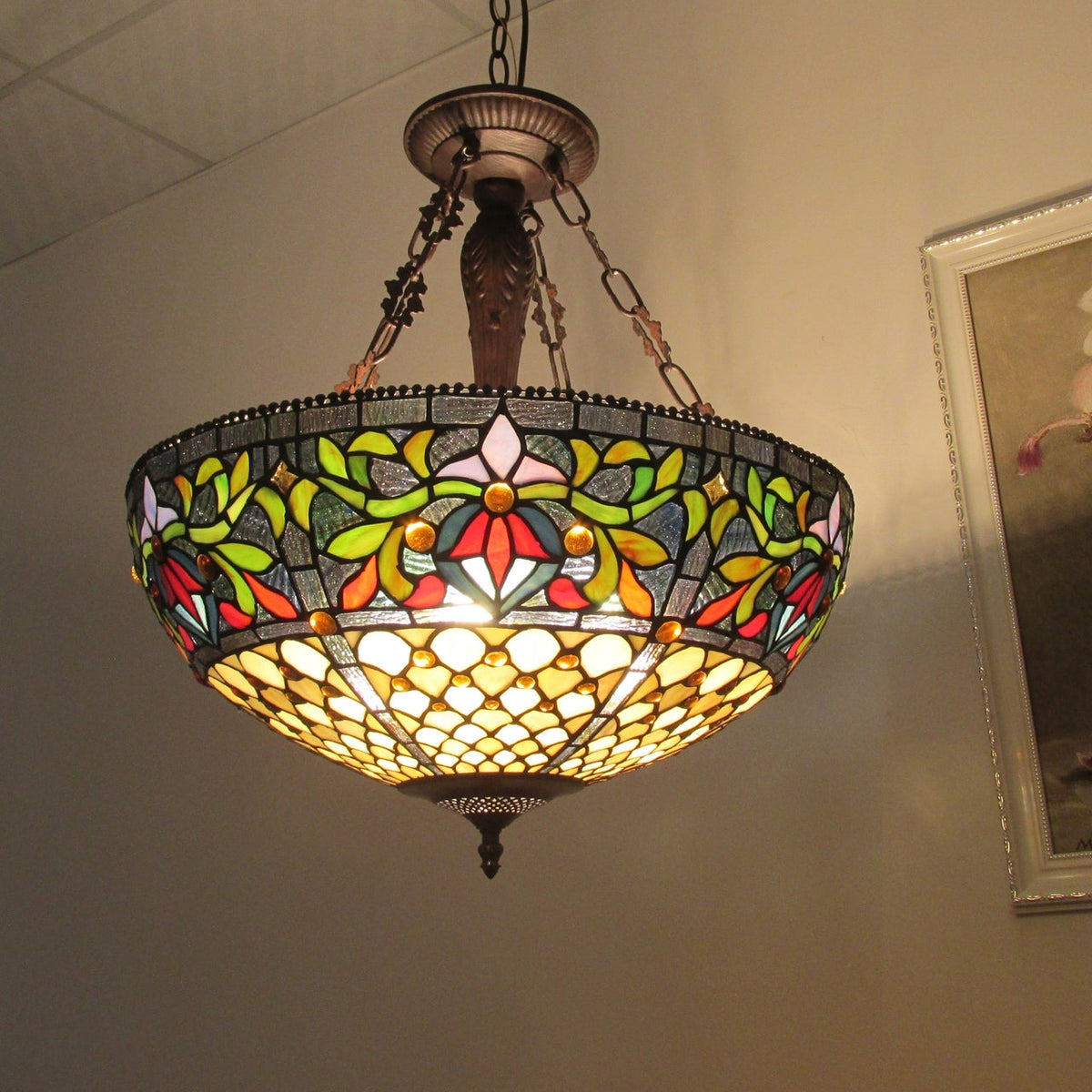 23.15" x 20.28" Victorian Floral Stained Glass 3-Light Inverted Pendant
