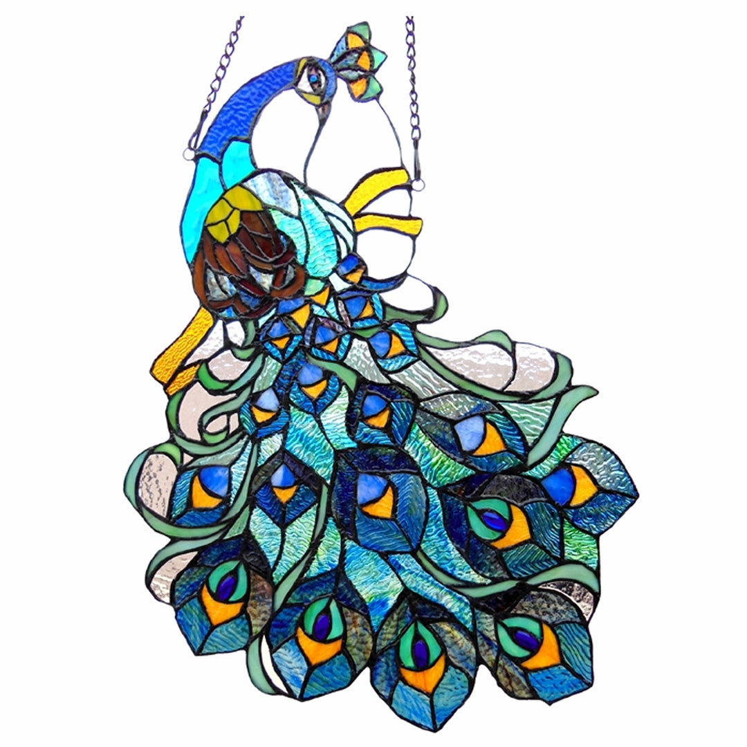 25" x 17" Peacock Stained Glass Window Panel – Blue & Green