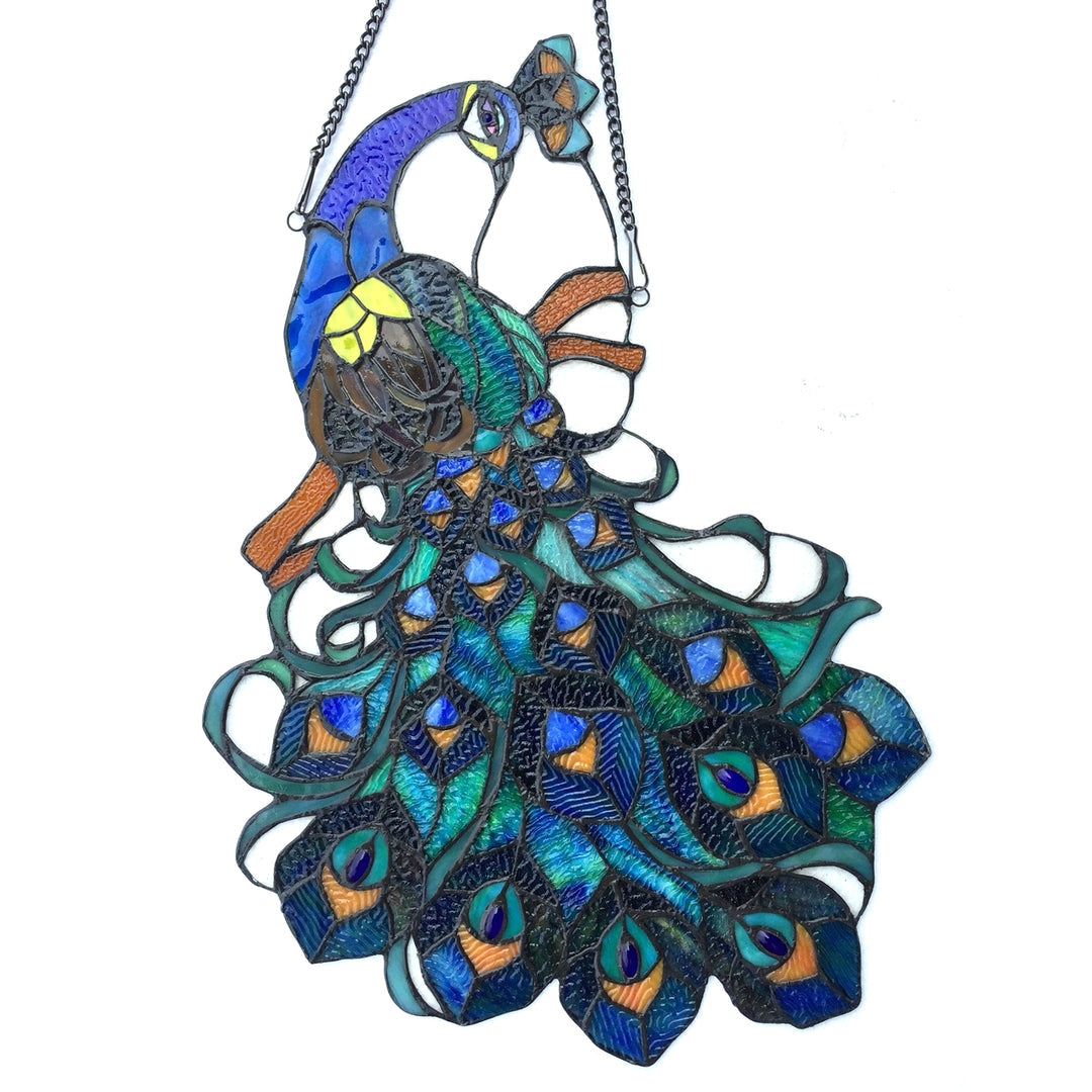 25" x 17" Peacock Stained Glass Window Panel – Blue & Green