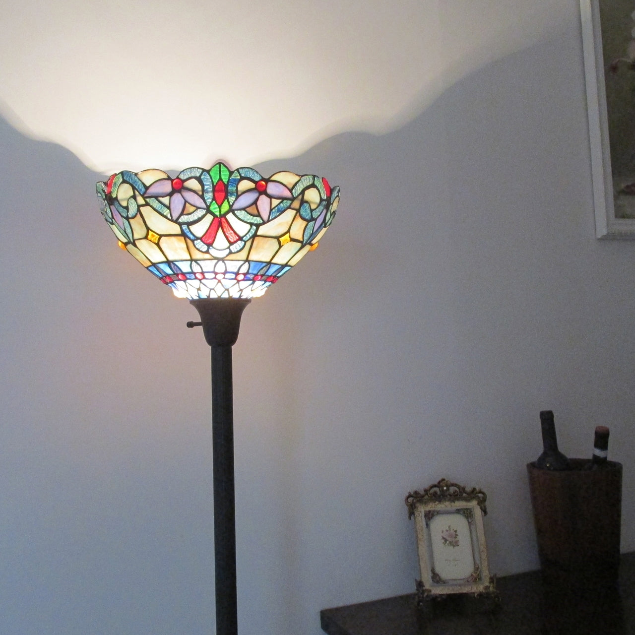 70.5" Antique Vintage Style Stained Glass Torchiere Floor Lamp