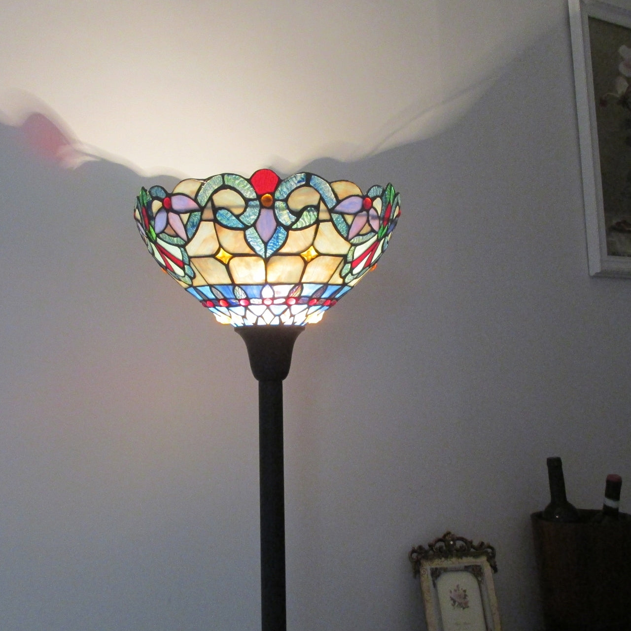 70.5" Antique Vintage Style Stained Glass Torchiere Floor Lamp
