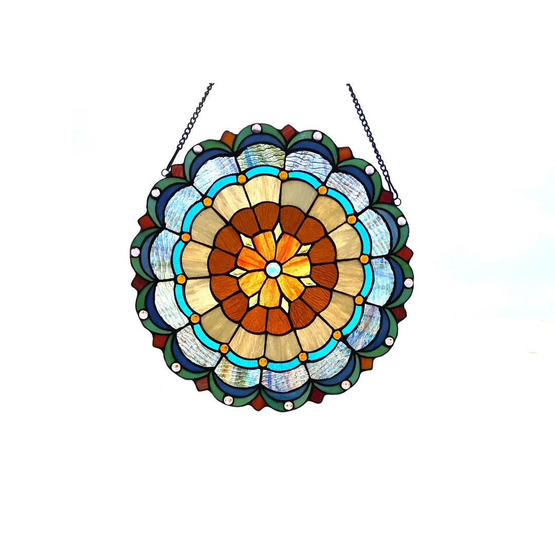 18" x 18" Round Geometric Stained Glass Window Panel