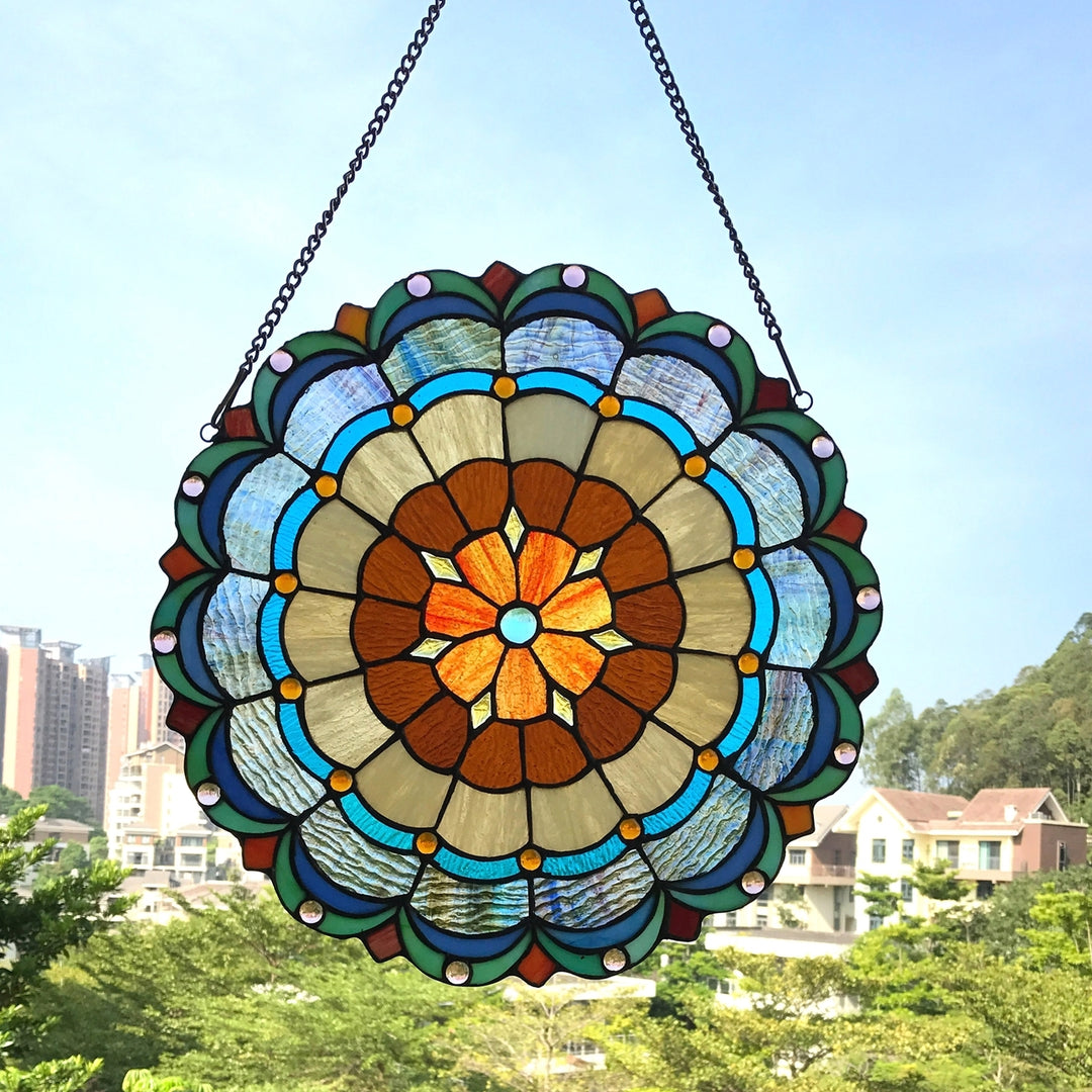 18" x 18" Round Geometric Stained Glass Window Panel