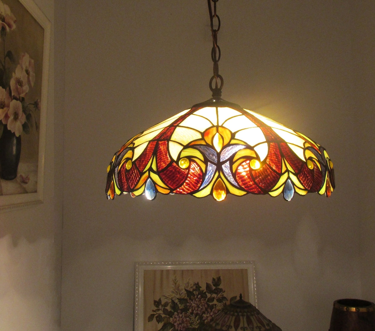 7.7" x 17.3" Victorian Stained Glass 2-Light Ceiling Pendant
