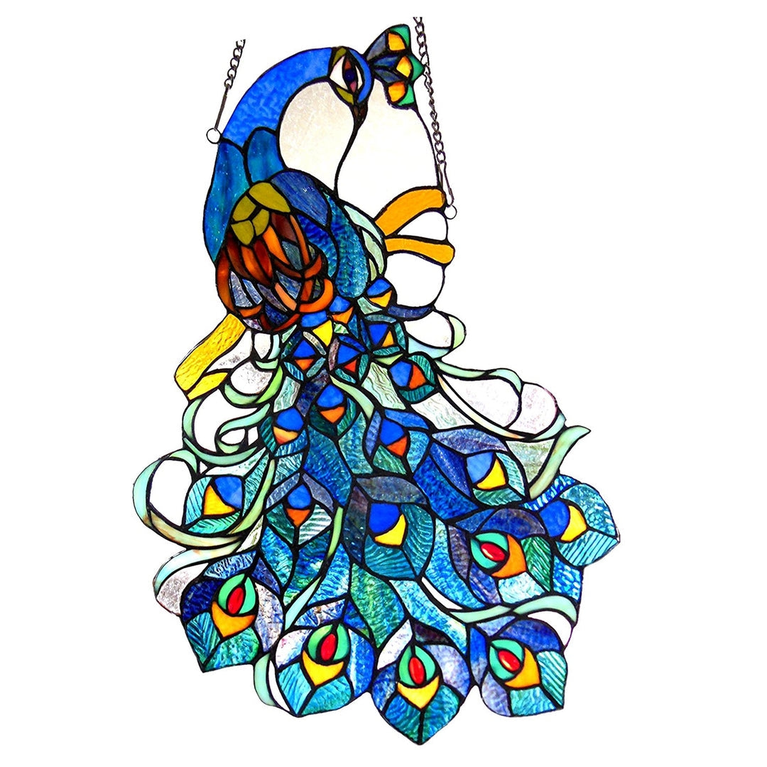 25" x 17" Peacock Stained Glass Window Panel – Blue & Red