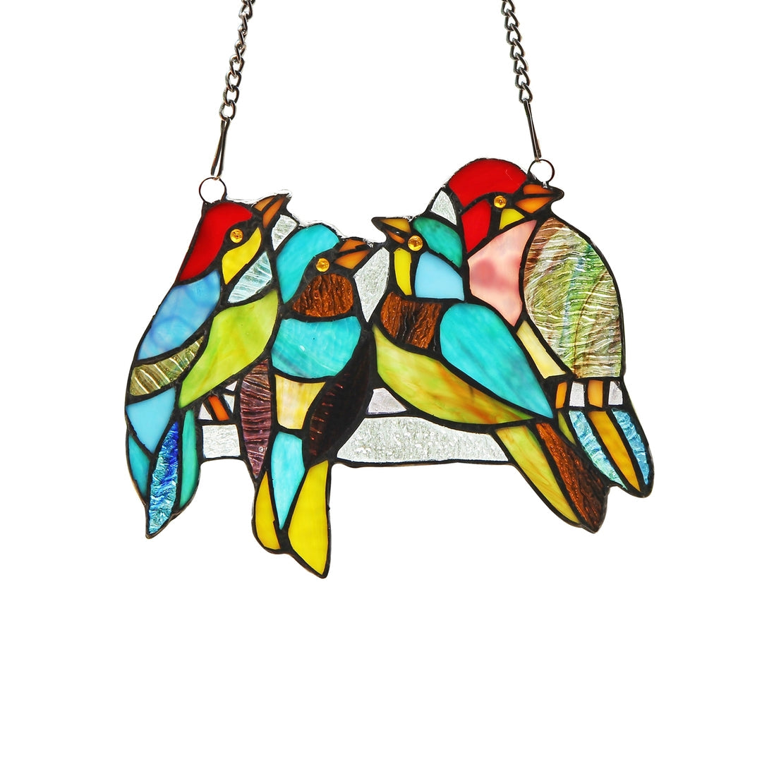 7.9" x 9.8" Colorful Birds Stained Glass Window Panel