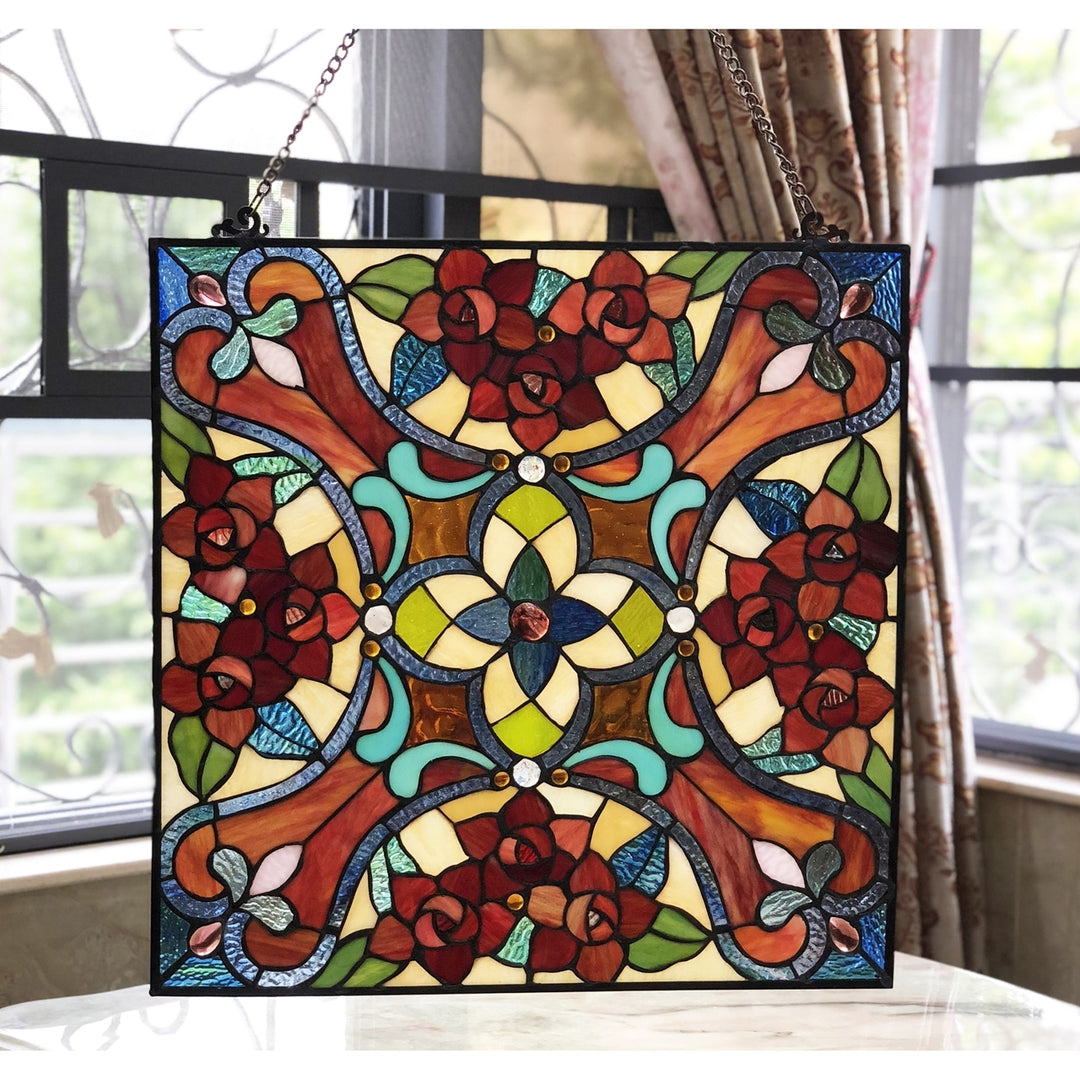 20" x 20" Victorian Rose Stained Glass Window Panel