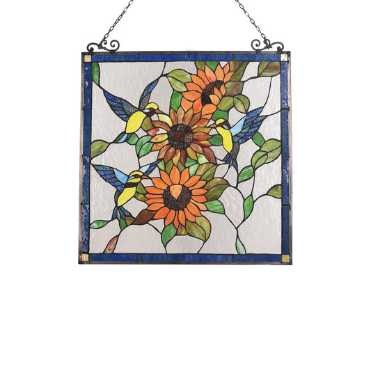 26" x 24.8" Hummingbird & Sunflower Stained Glass Window Panel