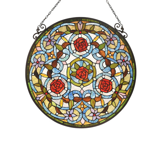23.9" x 23.9" Red Rose Stained Glass Window Panel