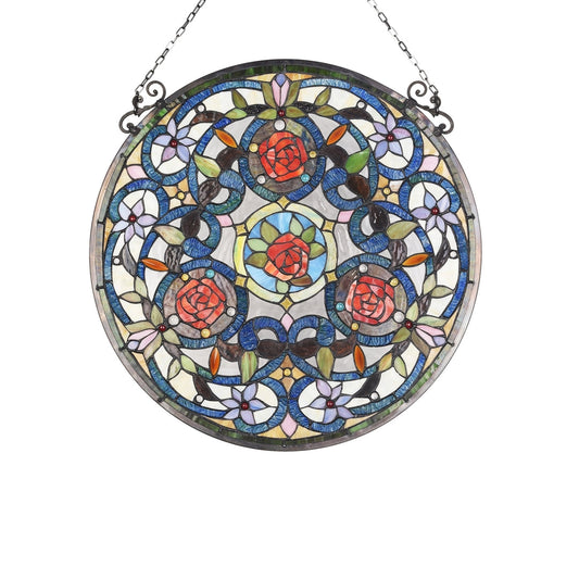 23.9" x 23.9" Red Rose Stained Glass Window Panel