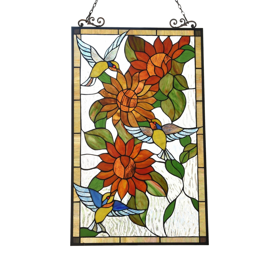 33" x 19.9" Hummingbird & Sunflower Stained Glass Window Panel