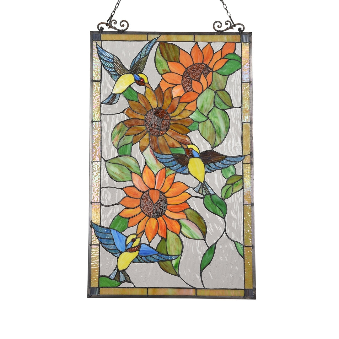 33" x 19.9" Hummingbird & Sunflower Stained Glass Window Panel