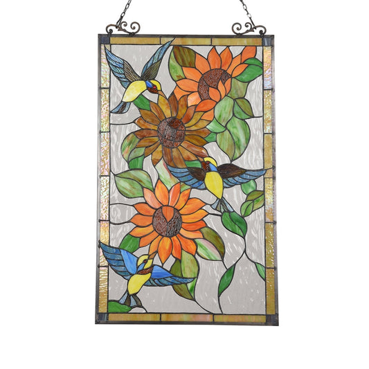 33" x 19.9" Hummingbird & Sunflower Stained Glass Window Panel