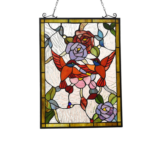 24.5" x 17.7" Red Birds & Flowers Stained Glass Window Panel