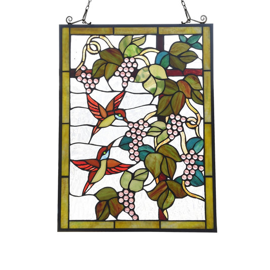 24.5" x 17.6" Hummingbird & Grape Vine Stained Glass Window Panel