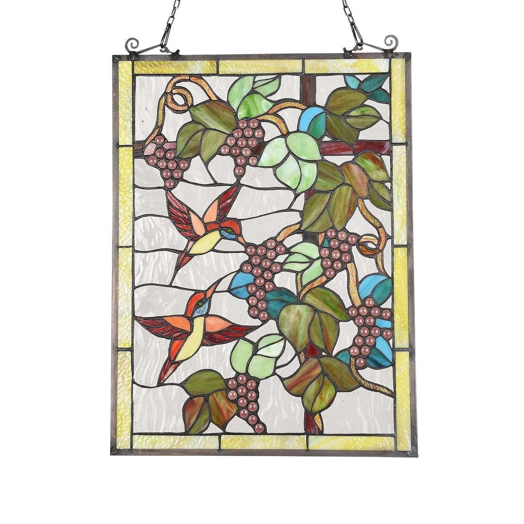 24.5" x 17.6" Hummingbird & Grape Vine Stained Glass Window Panel