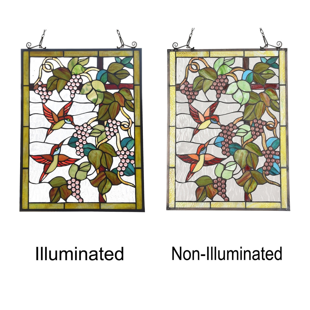 24.5" x 17.6" Hummingbird & Grape Vine Stained Glass Window Panel