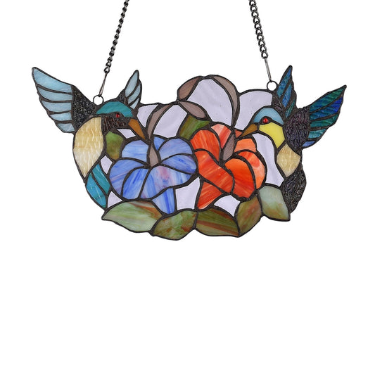 7.9" x 14.6" Hummingbirds & Flowers Stained Glass Window Suncatcher