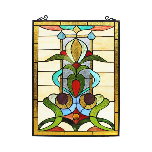 25" x 18.11" Geometric Floral Stained Glass Window Panel