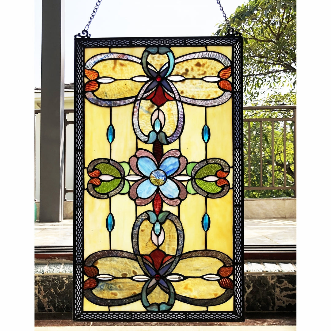 26" x 15" Victorian Floral Stained Glass Window Panel – Amber