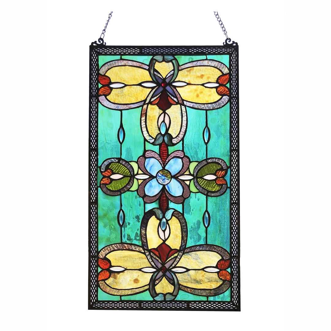 26" x 15" Victorian Floral Stained Glass Window Panel – Teal