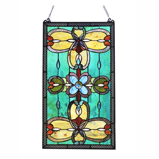 26" x 15" Victorian Floral Stained Glass Window Panel – Teal