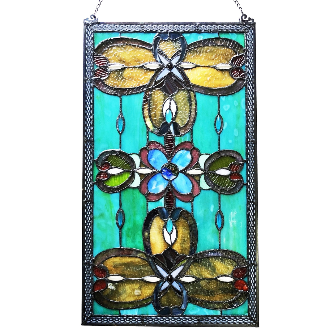 26" x 15" Victorian Floral Stained Glass Window Panel – Teal