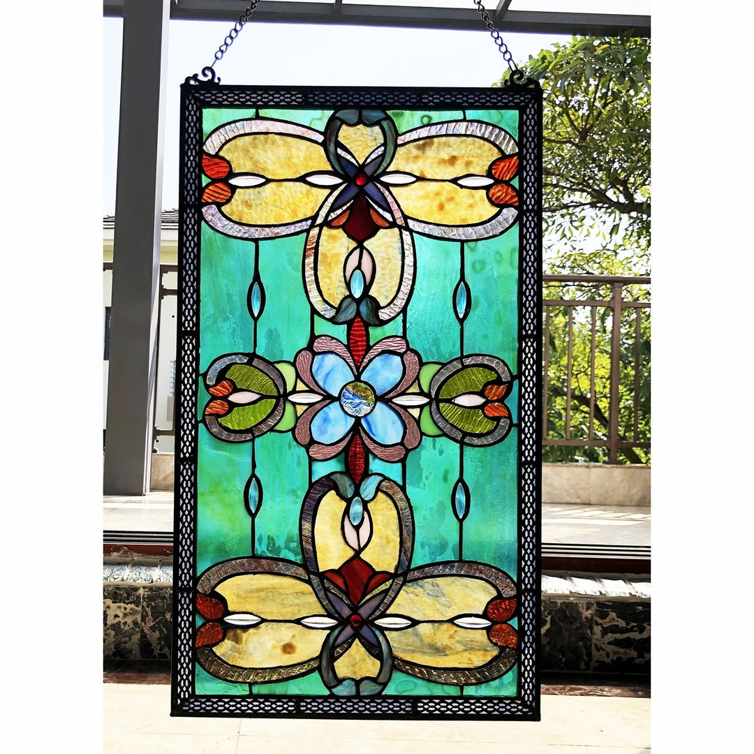 26" x 15" Victorian Floral Stained Glass Window Panel – Teal