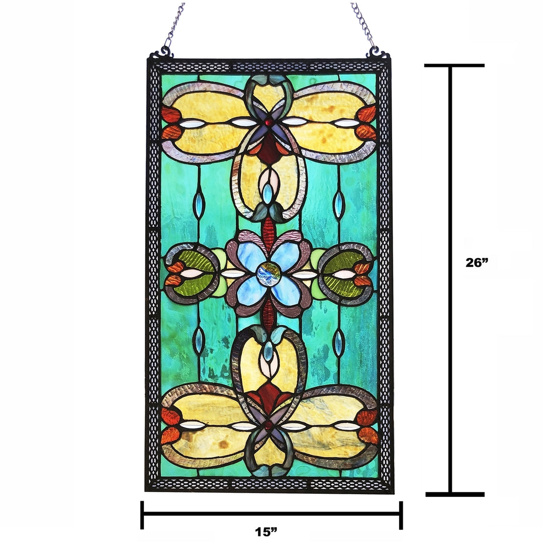 26" x 15" Victorian Floral Stained Glass Window Panel – Teal