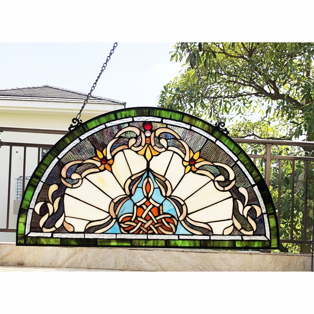 12.5" x 24" Victorian Semicircle Stained Glass Window Panel