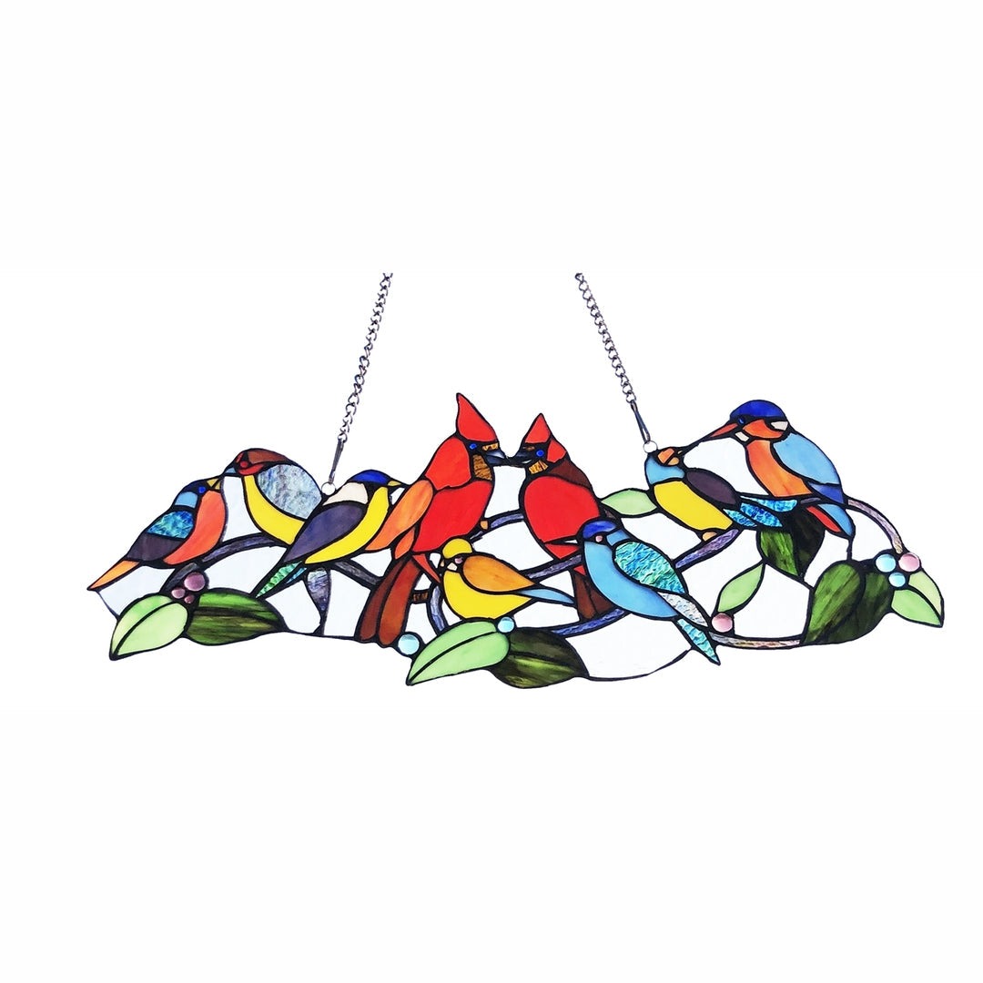 10" x 27" Colorful Birds Stained Glass Window Panel
