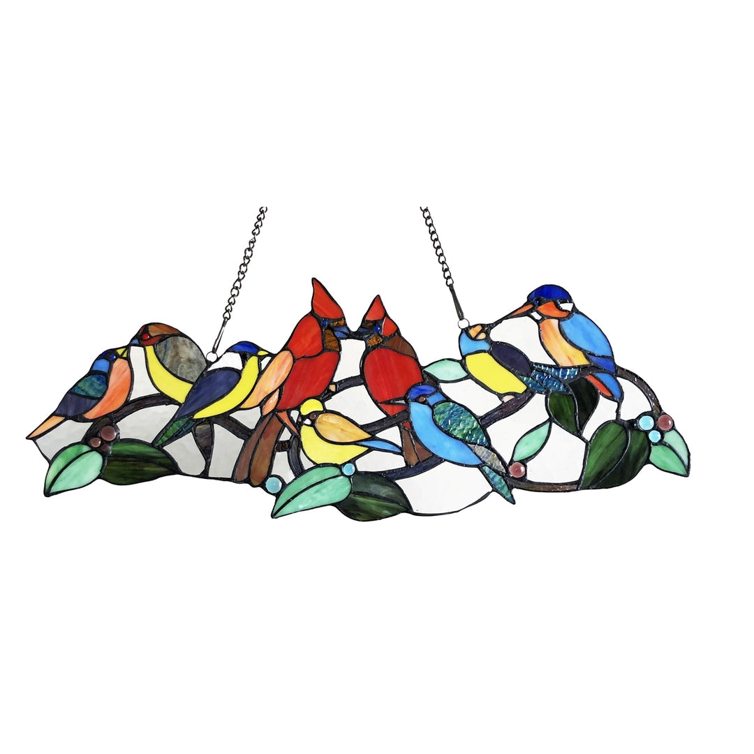 10" x 27" Colorful Birds Stained Glass Window Panel