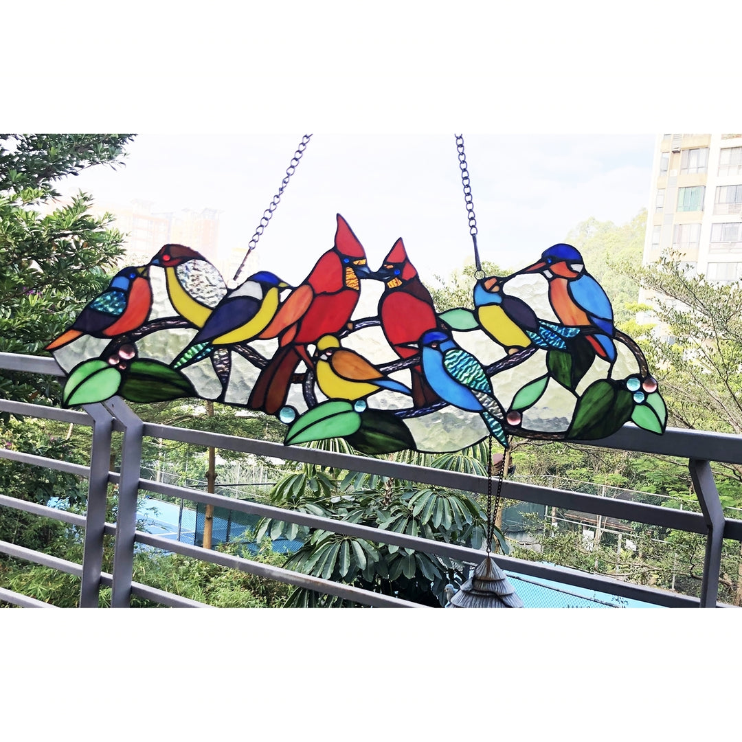 10" x 27" Colorful Birds Stained Glass Window Panel