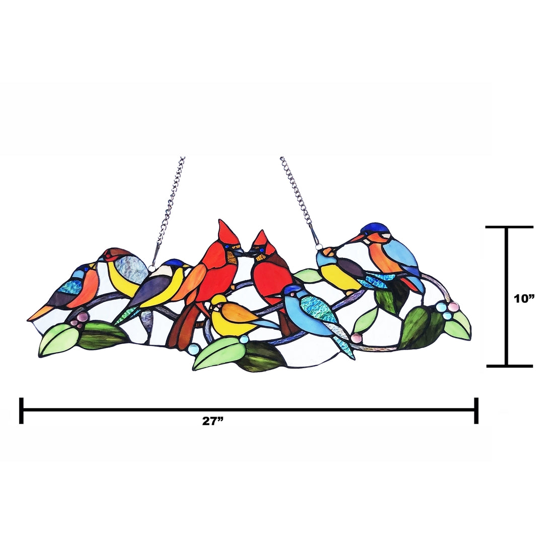 10" x 27" Colorful Birds Stained Glass Window Panel