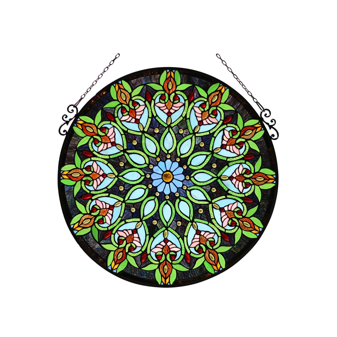 27.17" x 25.59" Victorian Round Stained Glass Window Panel – Green & Blue
