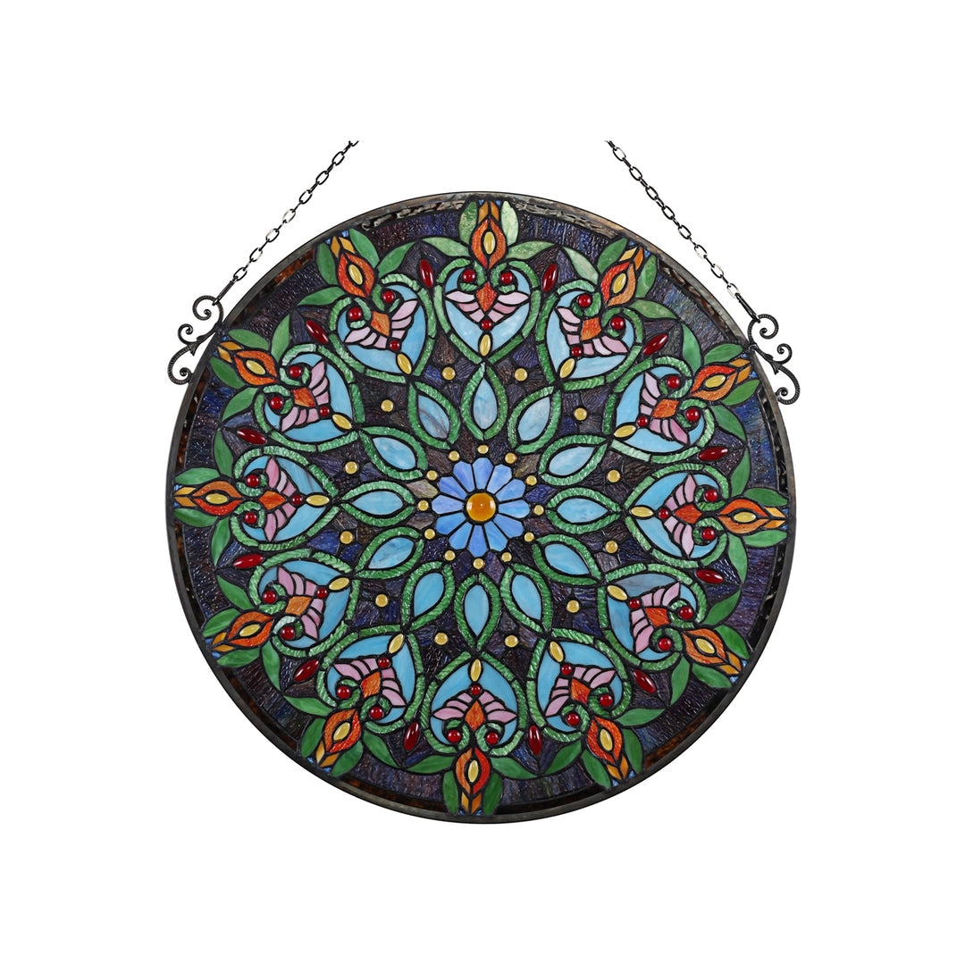 27.17" x 25.59" Victorian Round Stained Glass Window Panel – Green & Blue