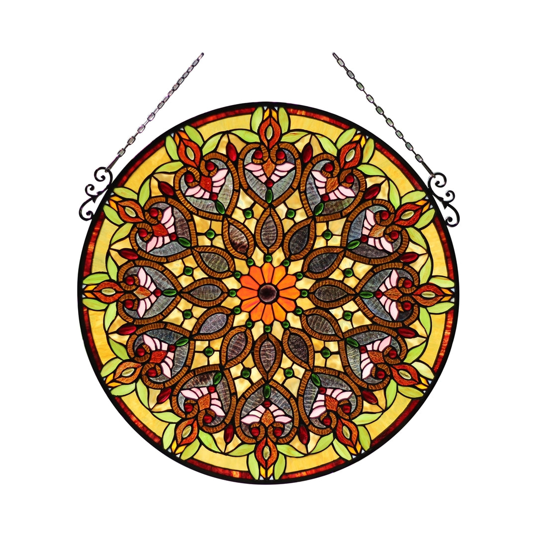 27.17" x 25.59" Victorian Round Stained Glass Window Panel – Red & Gold