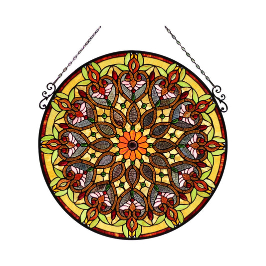 27.17" x 25.59" Victorian Round Stained Glass Window Panel – Red & Gold