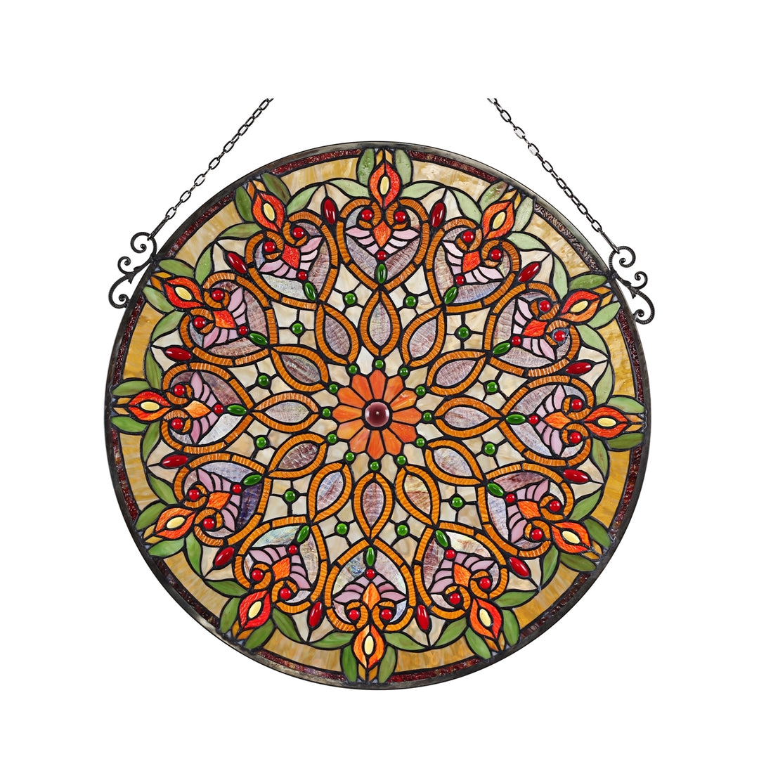 27.17" x 25.59" Victorian Round Stained Glass Window Panel – Red & Gold