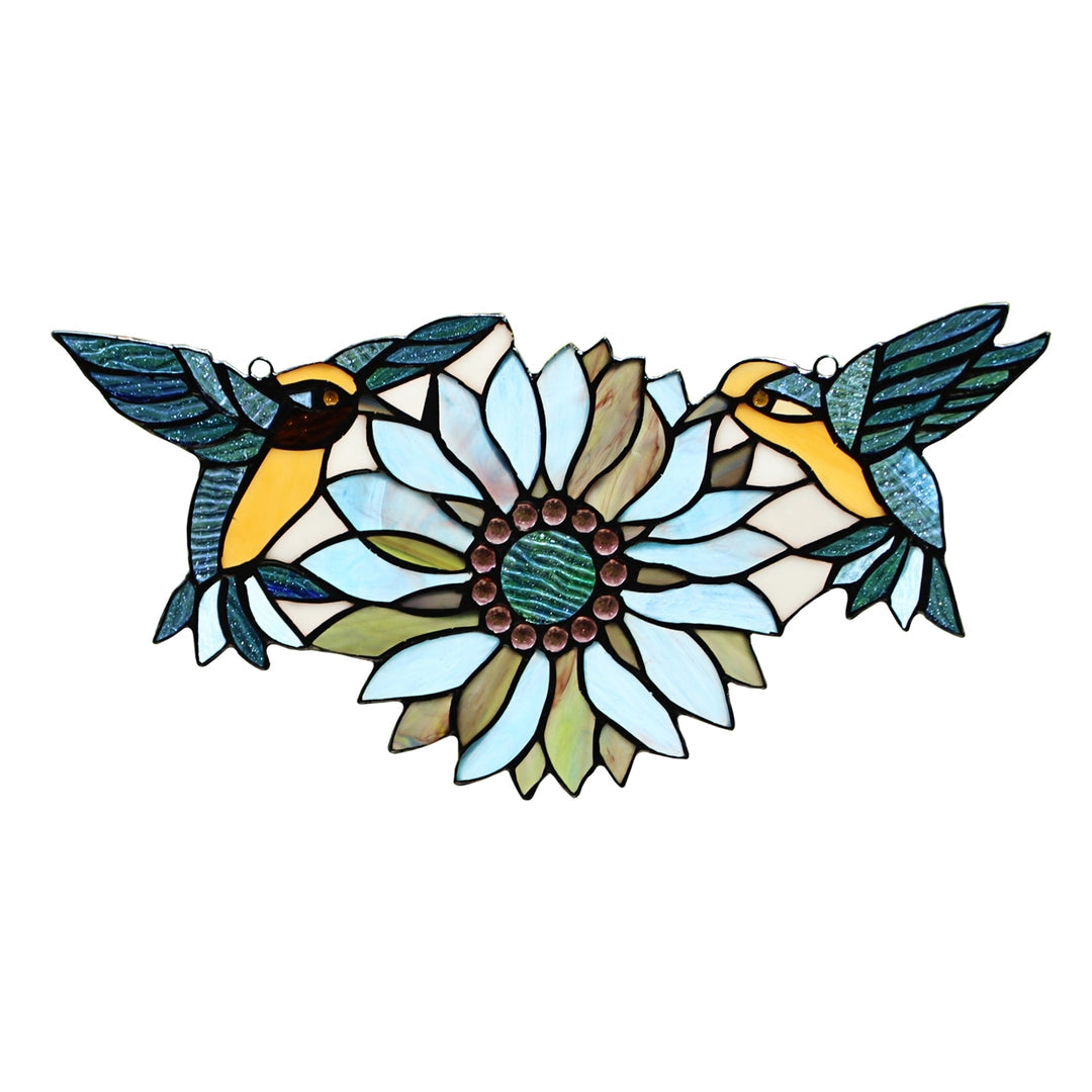 7.87" x 16.14" Hummingbird & Blue Sunflower Stained Glass Window Suncatcher