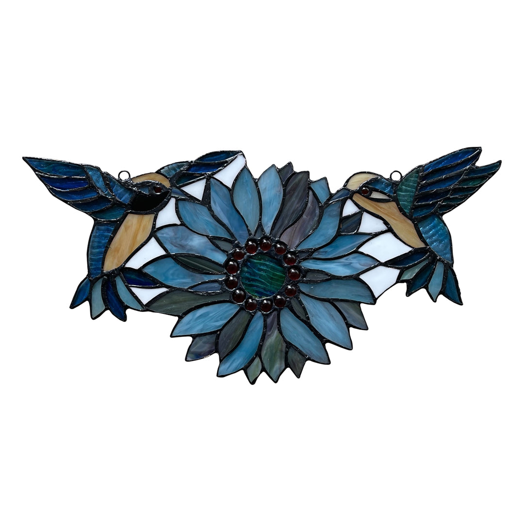 7.87" x 16.14" Hummingbird & Blue Sunflower Stained Glass Window Suncatcher
